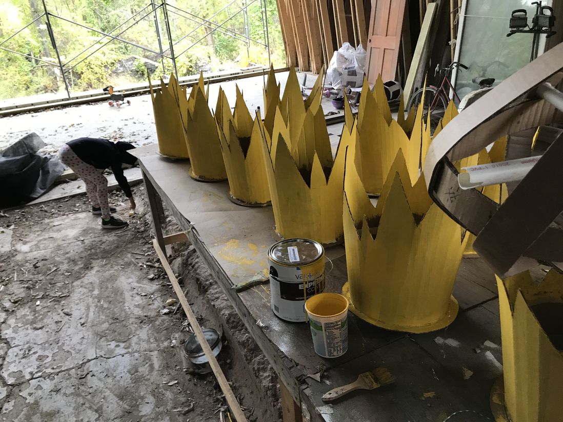 Crowns for the character of Max from the Sendak story. Several 'Maxes' will periodically corral the the Wild Thing puppets as they march up Sixth Avenue, then release them. The performance portrays the tension between civilization and the need for release from its obligations.